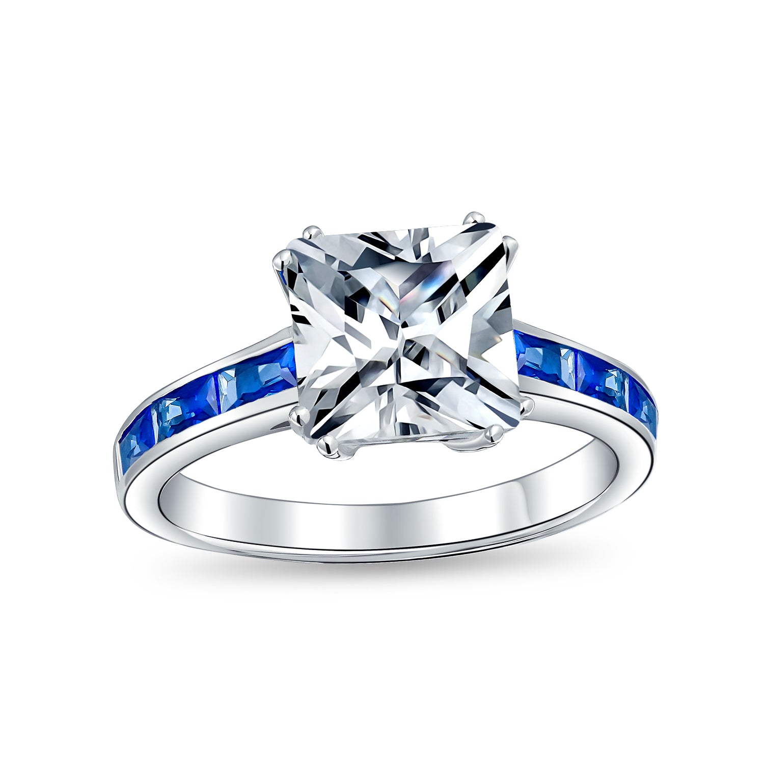 blue-deco-ring-3ct-engagement_jho-r7415_1 3CT CZ Princess Cut Engagement Ring Cubic Zirconia Blue Channel Set Baguette Band Sterling Silver - Image 1