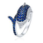Nautical Cocktail Statement Ring with Navy Blue CZ and Dolphin Design - Image 2