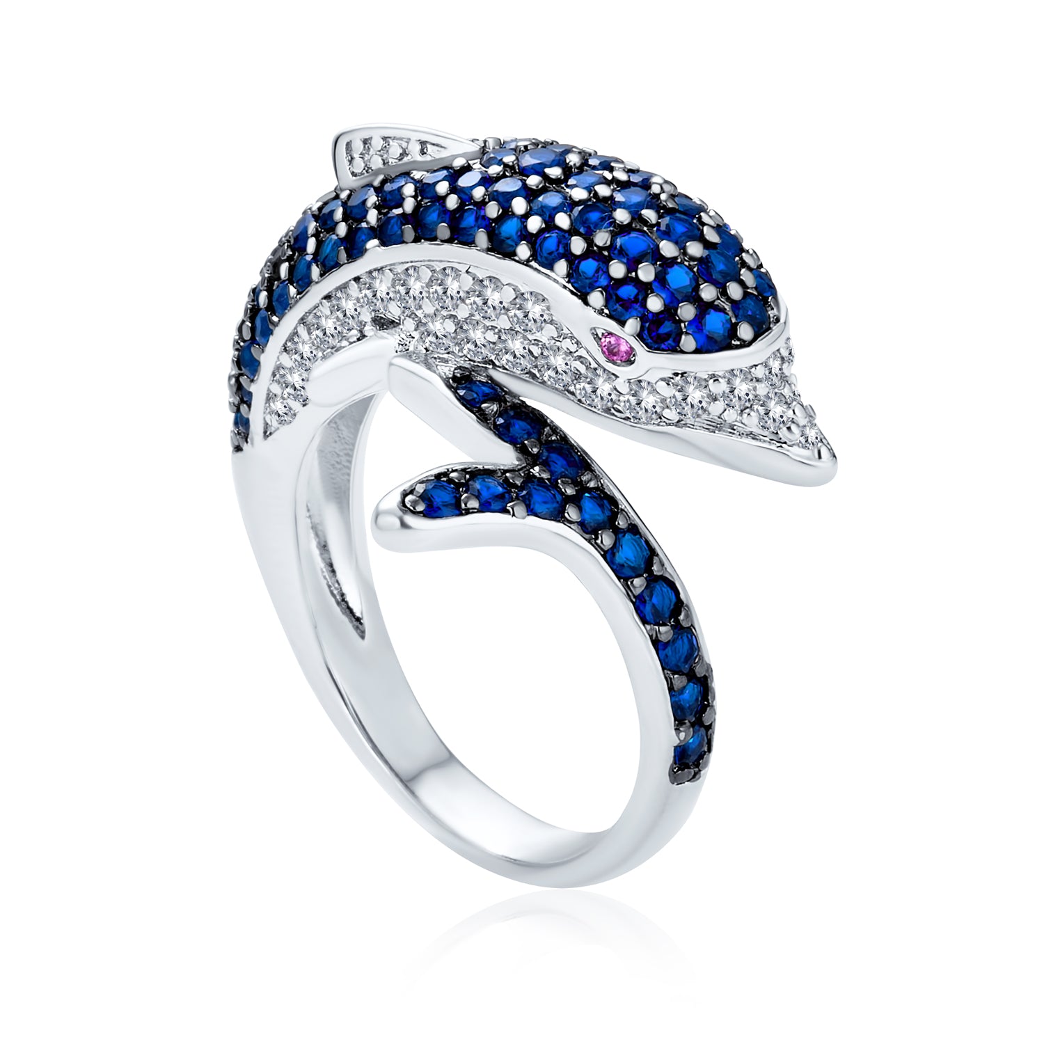 blue-dolphine-ring-cz-silver-shn-kr5402_2 Nautical Cocktail Statement Ring with Navy Blue CZ and Dolphin Design - Image 1