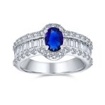 Vintage Art Deco Halo Blue Simulated Sapphire Engagement Ring Sterling Silver