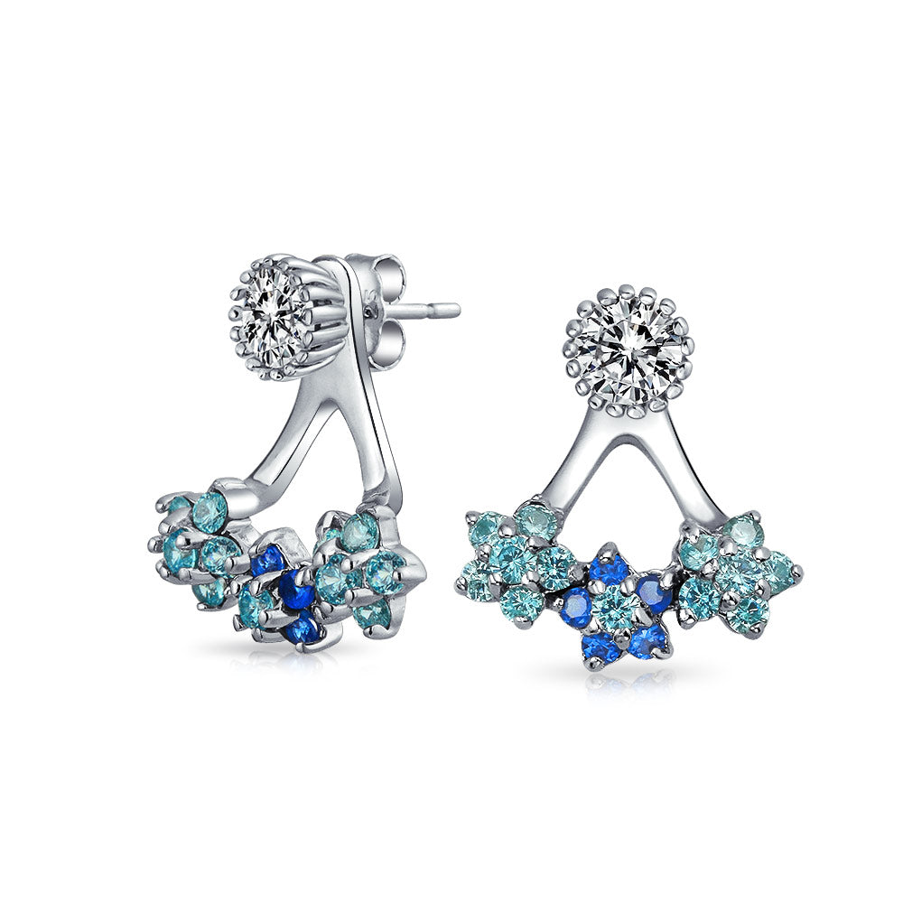 blue-flower-front-earrings-silver-mdr-3915e-041 Aqua Blue CZ Flower Fan Earring Jacket Sterling Silver Studs - Image 1