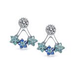 Aqua Blue CZ Flower Fan Earring Jacket Sterling Silver Studs - Image 3