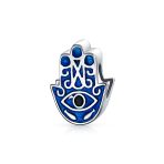 Set of 2 Blue Hamsa Hand Evil Eye Good Luck Charm Barrel Bead in Sterling Silver - Image 2