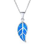 Blue Fire Opal Leaf Pendant Necklace in Sterling Silver