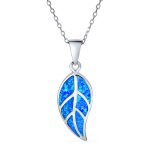 Blue Fire Opal Leaf Pendant Necklace in Sterling Silver