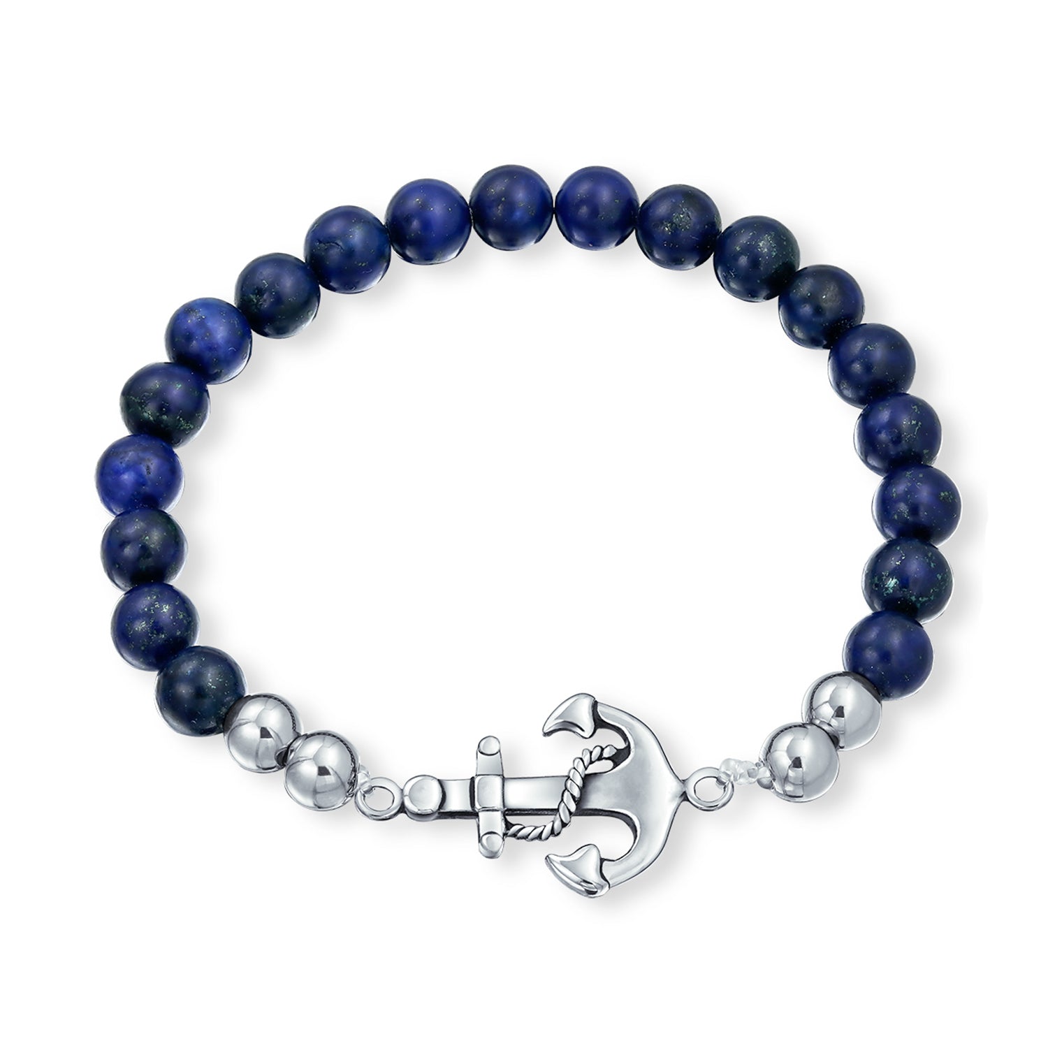 blue-lapis-stainless-steel-anchor-bracelet-sgd-bl008-az_1 Stackable Navy Blue Lapis Lazuli Stretch Bracelet with Nautical Anchor Design - Image 1
