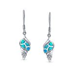 Created Blue Opal Nautical Dangle Gemstone Earrings Sterling Silver Fish Hook - Image 2