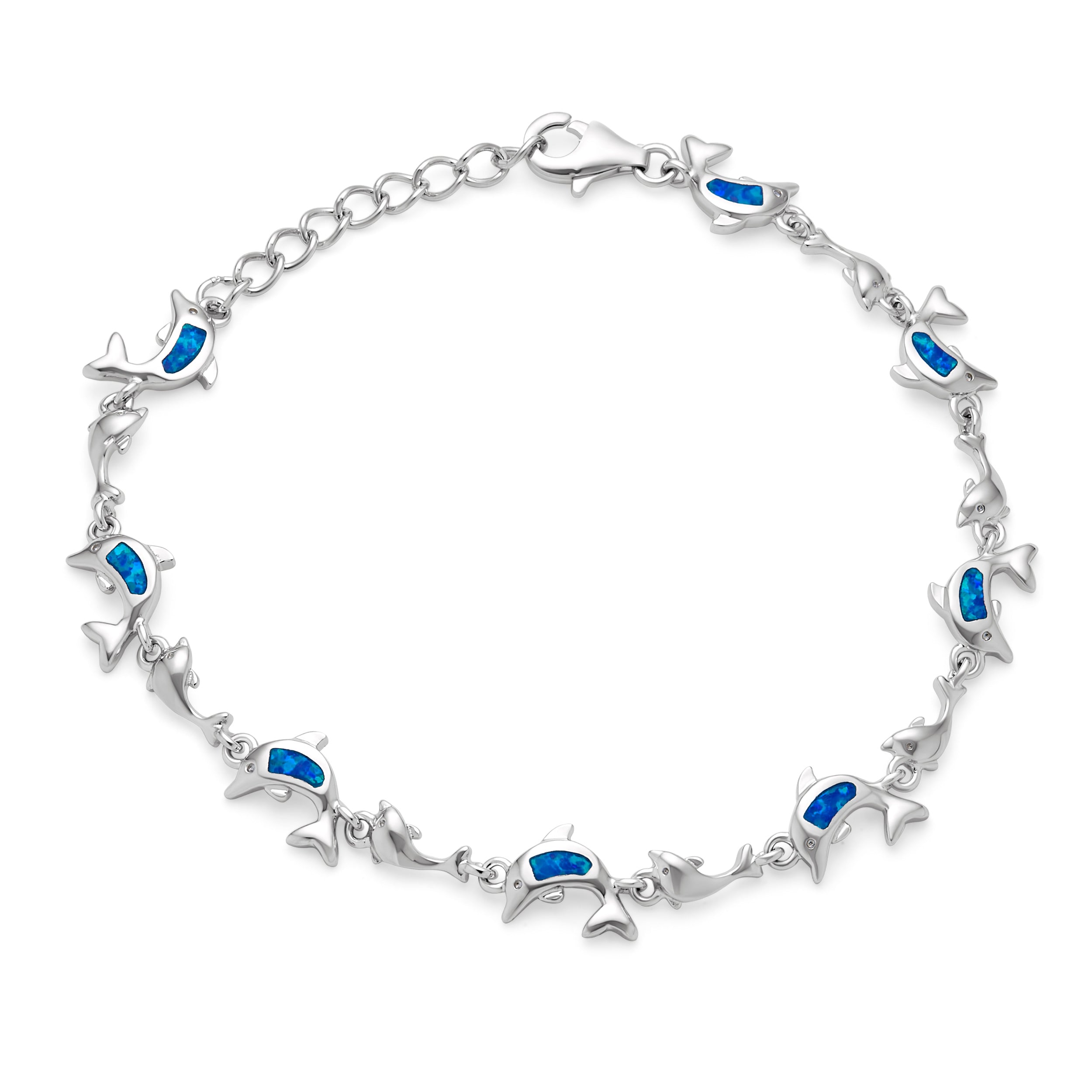 blue-opal-dolphin-link-bracelet_xny-bs0104a1-az_1 Nautical Created Blue White Opal Inlay Dolphins Bracelet .925 Sterling Silver - Image 1