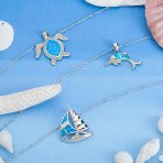 Nautical Created Blue Opal Sailboat Necklace Pendant .925 Sterling Silver - Image 5