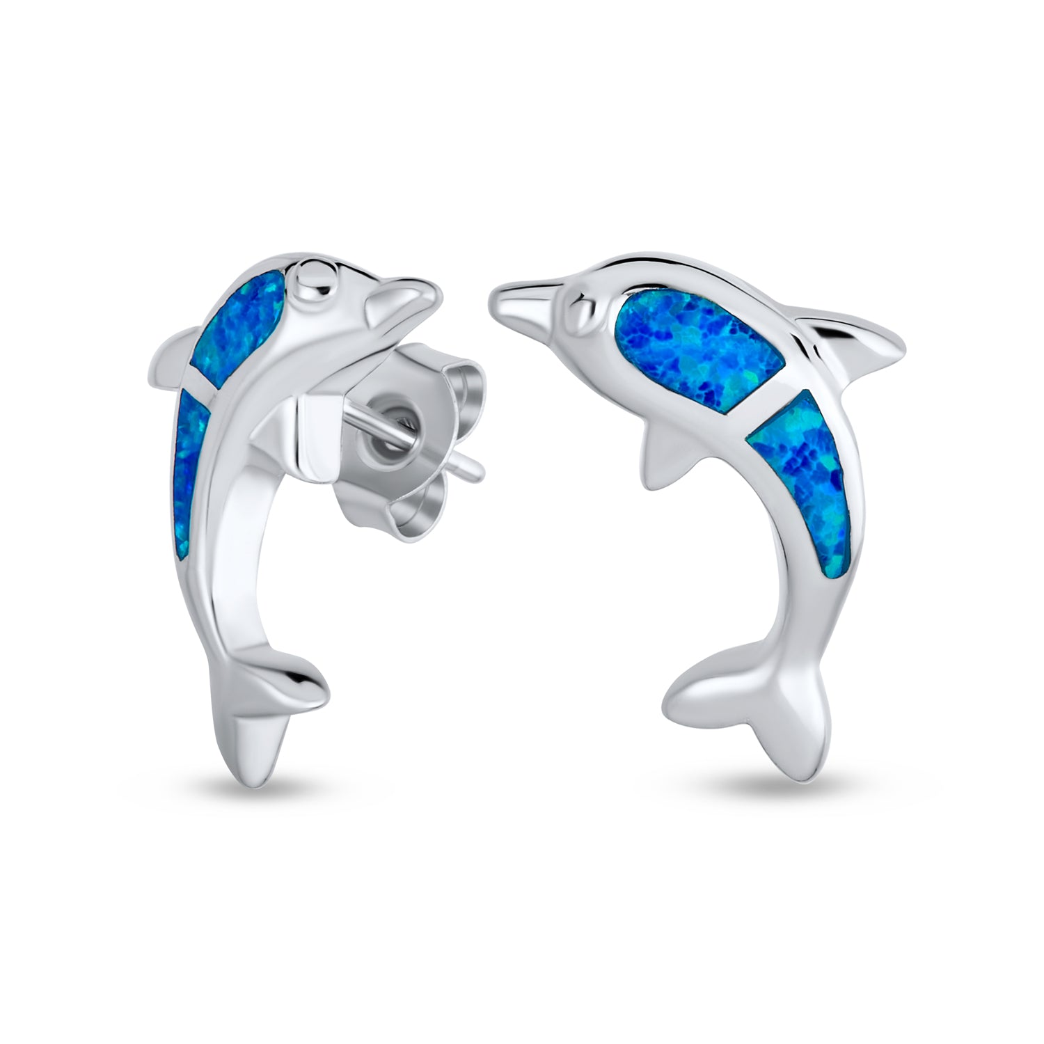 blue-opal-earrings-dolphin-silver_xny-es0112a1_1 Hawaiian Created Blue Opal Inlay Nautical Dolphin Stud Earrings .925 Sterling Silver - Image 1