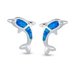 Hawaiian Created Blue Opal Inlay Nautical Dolphin Stud Earrings .925 Sterling Silver - Image 2