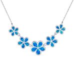 Statement Created Blue Opal Plumeria Hawaiian Flower Collar Necklace .925 Sterling Silver