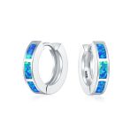 Created White Opal Inlay Iridescent Huggie Small Hoop Earrings .925 Sterling Silver .75" Dia - Image 2
