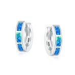Set of 2 White & Blue Created Opal Gemstone Huggie Hoop Earrings Sterling Silver - Image 4