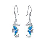 Nautical Blue Created Opal Dangle Seahorse Earrings Fish Wire Sterling Silver