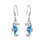 Nautical Blue Created Opal Dangle Seahorse Earrings Fish Wire Sterling Silver