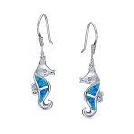 Nautical Blue Created Opal Dangle Seahorse Earrings Fish Wire Sterling Silver - Image 3