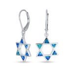 Created Blue Opal Judaica Star Of David Dangle Earrings Sterling Silver Leverback