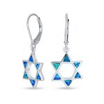 Created Blue Opal Judaica Star Of David Dangle Earrings Sterling Silver Leverback