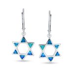 Created Blue Opal Judaica Star Of David Dangle Earrings Sterling Silver Leverback - Image 2