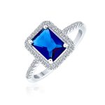 3CT CZ Royal Blue Solitaire Halo Emerald Cut Engagement Ring Sterling Silver