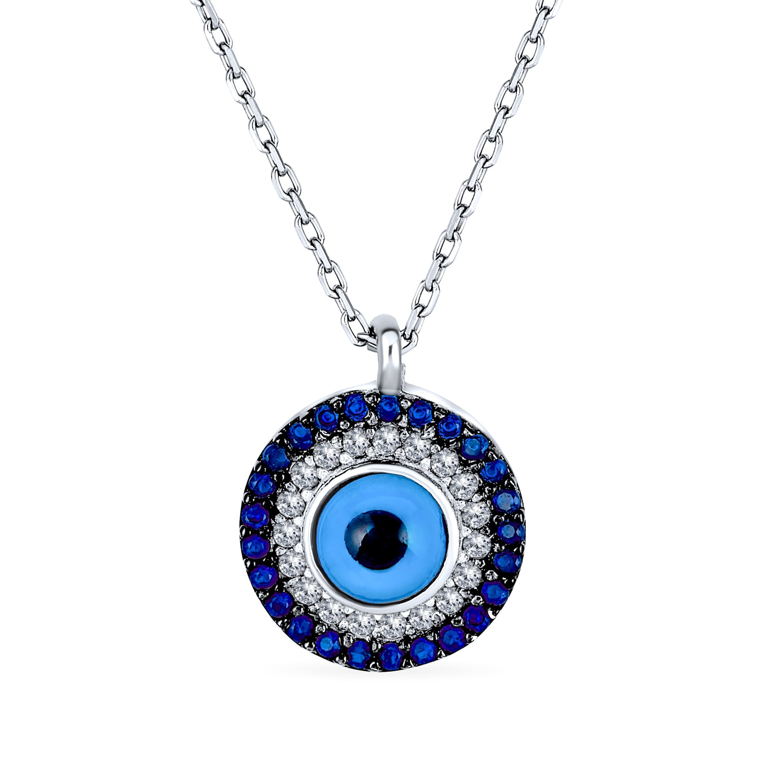 blue-round-silver-evil-eye-necklace-iy-oc-54931_1 Turkish Blue Evil Eye Pendant Necklace with CZ Amulet in Sterling Silver - Image 1
