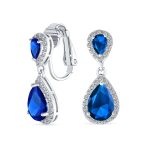 Classic Bridal Cocktail Halo Cubic Zirconia Blue CZ Double Solitaire Teardrop Dangle Clip On Earrings - Image 2