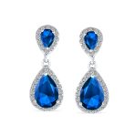 Classic Bridal Cocktail Halo Cubic Zirconia Blue CZ Double Solitaire Teardrop Dangle Clip On Earrings - Image 13