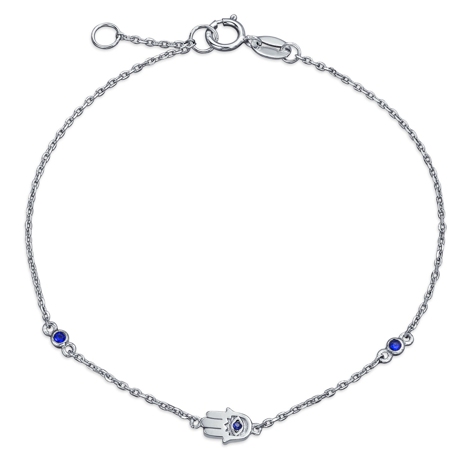 blue-silver-bracelet-charm-evil-eye_pfs-54-1679rh-az_1 Spiritual Tiny Delicate Evil Eye Hamsa Hand Charm Bracelet .925 Sterling Silver - Image 1