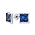 Square Shape CZ Cubic Zirconia Stud Earrings Blue Black Sterling Silver ScrewBack - Image 2