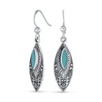 Southwest Style Blue Turquoise Marquise Leaf Feather Dangle Earrings Lever back .925 Sterling Silver