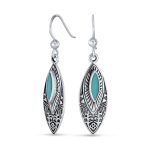 Southwest Style Blue Turquoise Marquise Leaf Feather Dangle Earrings Lever back .925 Sterling Silver