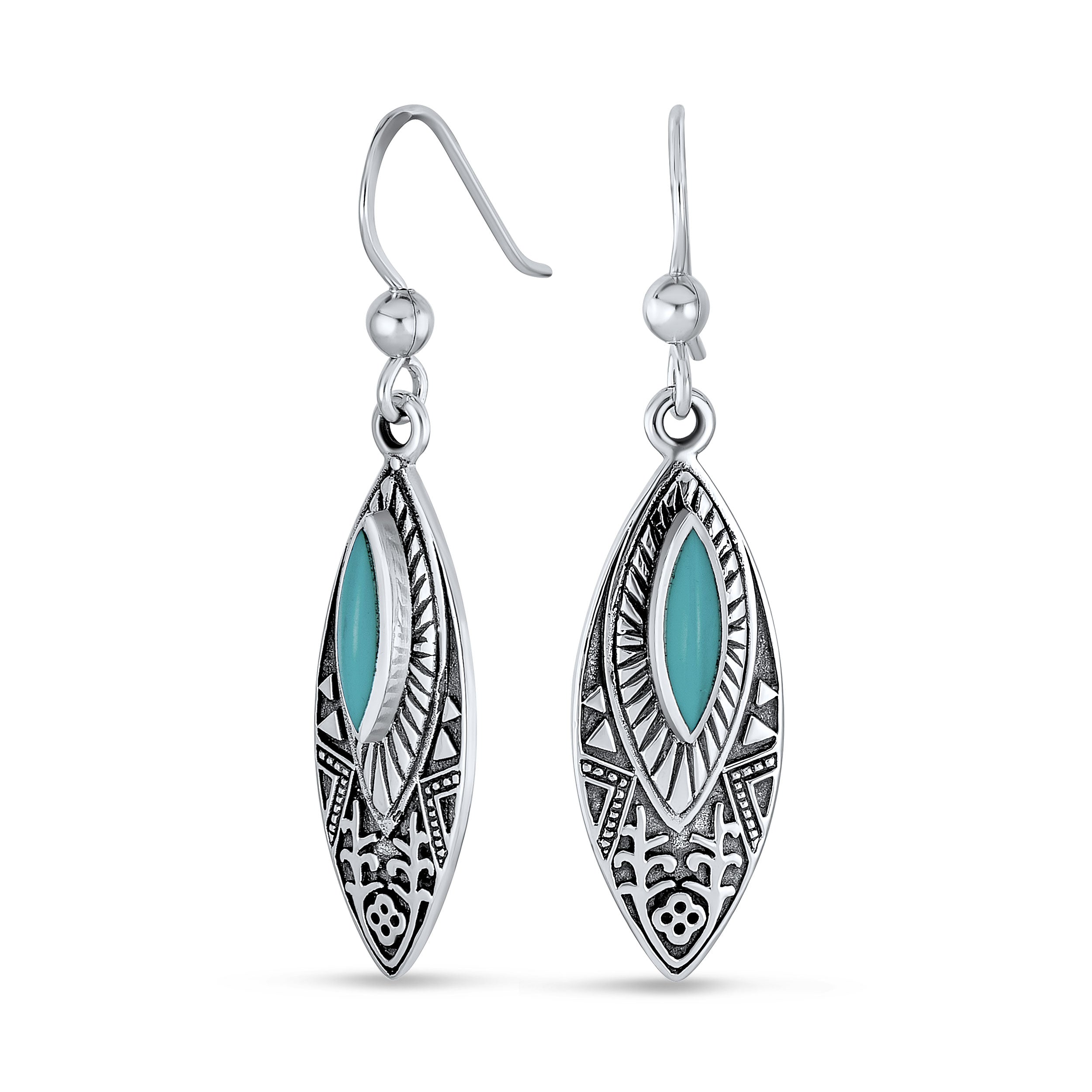 blue-turquoise-earrings-dangle-boho_ps-ter93112-tq_11 Southwest Style Blue Turquoise Marquise Leaf Feather Dangle Earrings Lever back .925 Sterling Silver - Image 1