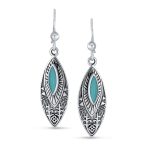 Southwest Style Blue Turquoise Marquise Leaf Feather Dangle Earrings Lever back .925 Sterling Silver - Image 2