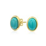 Onyx Turquoise Bezel Set Dome Button Oval Stud Earrings Gold Plated Sterling Silver - Image 3