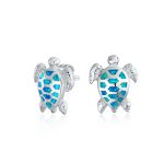 Nautical Beach Vacation Opal Sea Turtle Stud Earrings Sterling Silver 13MM
