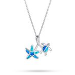 Nautical Blue Opal Sea Turtle Starfish Pendant Necklace in Sterling Silver