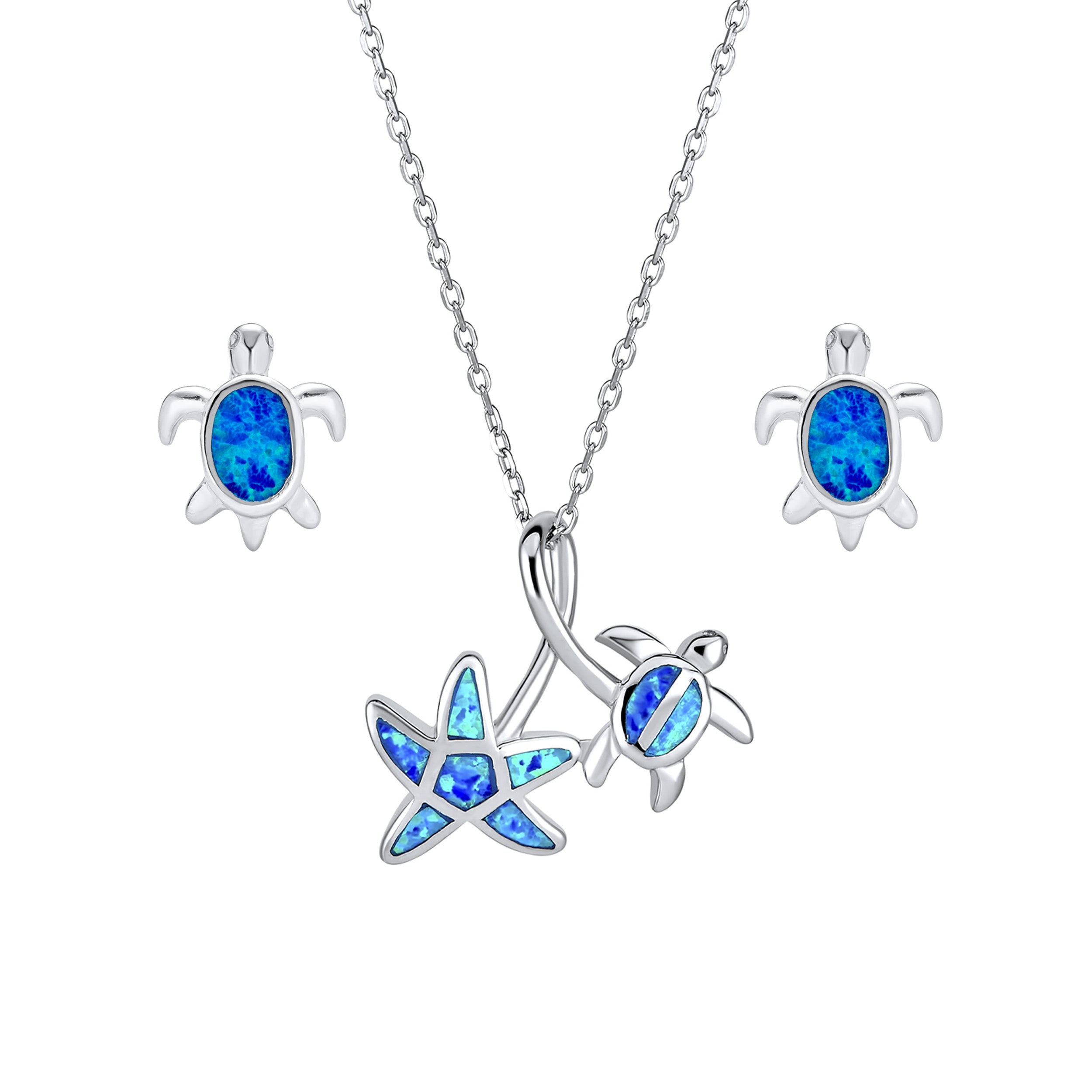 blue-turtle-starfish-necklace-silver-opal-xny-ps1794a1set_1 Nautical Beach Opal Sea Turtle Earrings and Starfish Necklace Jewelry Set Silver - Image 1