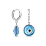 Round Blue Evil Eye Drop Huggie Mini Hoop Earrings Endless Murano Glass Yellow Gold Plated .925 Sterling Silver