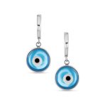 Round Blue Evil Eye Drop Huggie Mini Hoop Earrings Endless Murano Glass Yellow Gold Plated .925 Sterling Silver - Image 2