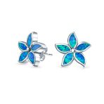 Created Blue Opal Inlay Petals Flower Stud Earrings .925 Sterling Silver