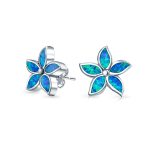 Created Blue Opal Inlay Petals Flower Stud Earrings .925 Sterling Silver
