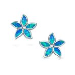 Created Blue Opal Inlay Petals Flower Stud Earrings .925 Sterling Silver - Image 2