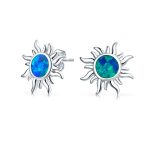 Iridescent Gemstone Sunburst Stud Earrings Blue Opal 14K Gold October Birthstone