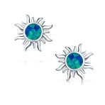 Iridescent Gemstone Sunburst Stud Earrings Blue Opal 14K Gold October Birthstone - Image 3