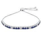 Alternating Created Blue Sapphire White Zircon Bolo Tennis Bracelet Adjustable .925 Sterling Silver
