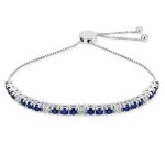 Alternating Created Blue Sapphire White Zircon Bolo Tennis Bracelet Adjustable .925 Sterling Silver