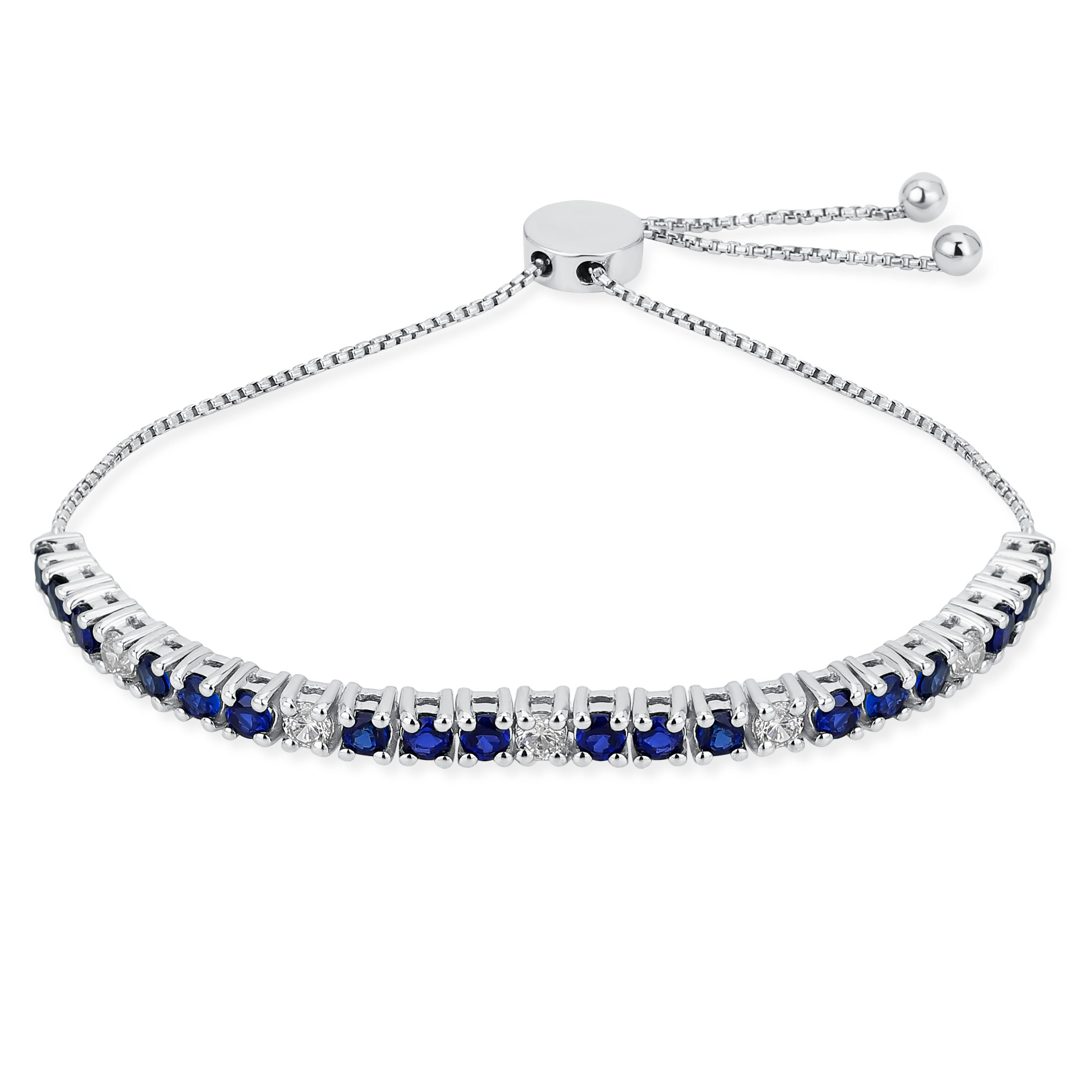 blue_sapphire_bolo_bracelet_vj-vjbx2sp Alternating Created Blue Sapphire White Zircon Bolo Tennis Bracelet Adjustable .925 Sterling Silver - Image 1
