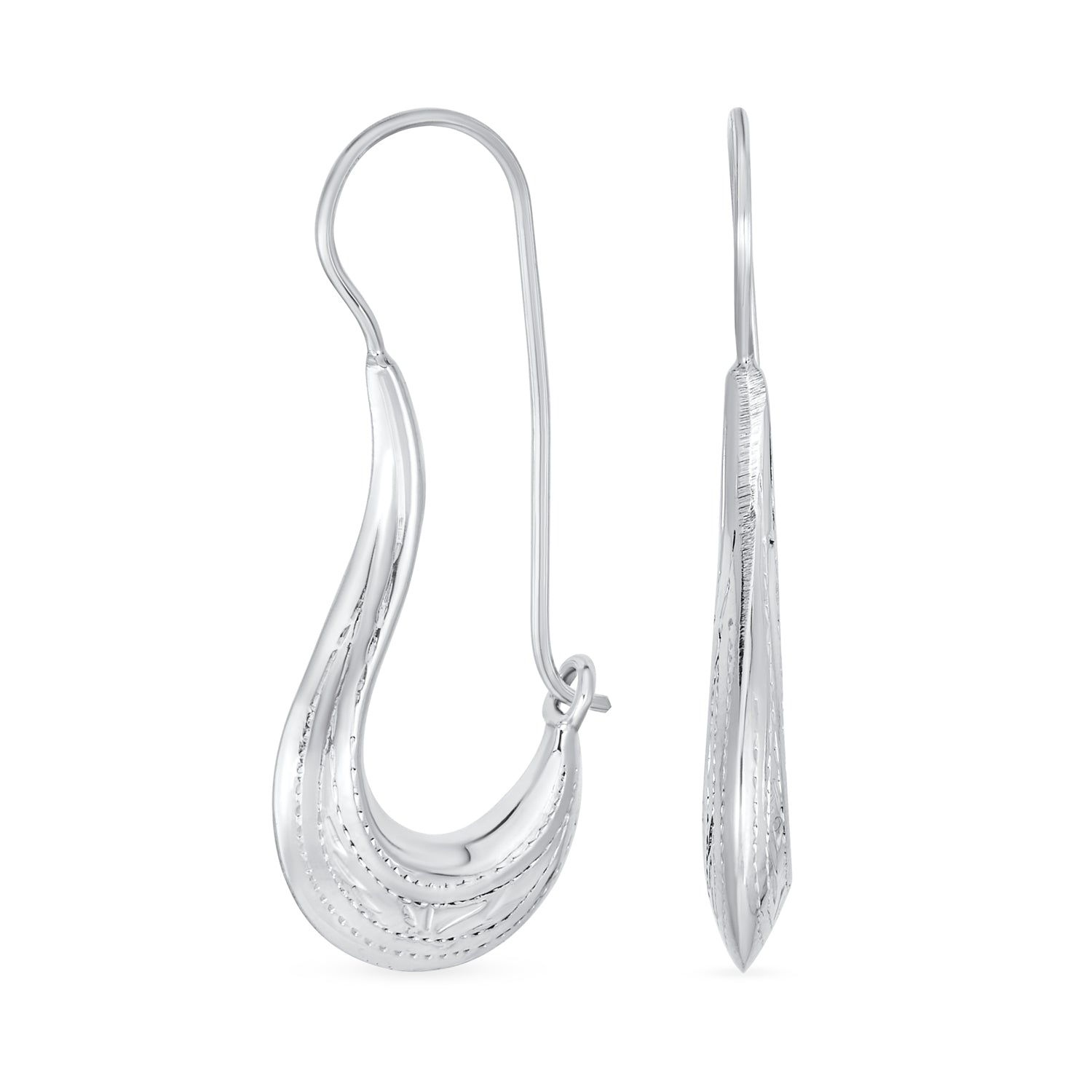 boho-artisan-elongated-hoop-threader-sstr-e-5028_01 Boho Artisan Tribal Etching Dangle Earrings Silver Bell - Image 1
