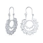 Boho Retro Filigree Mandala Dangle Earrings Silver Hoop